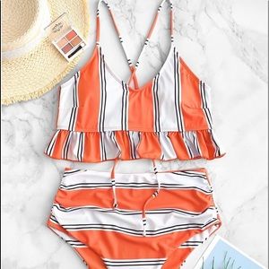 Striped Flounce Tummy Control Tankini Swimsuit